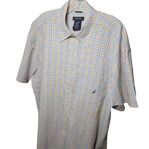 Nautica Mens XL Beige & Blue Checkered Short Sleeve Shirt